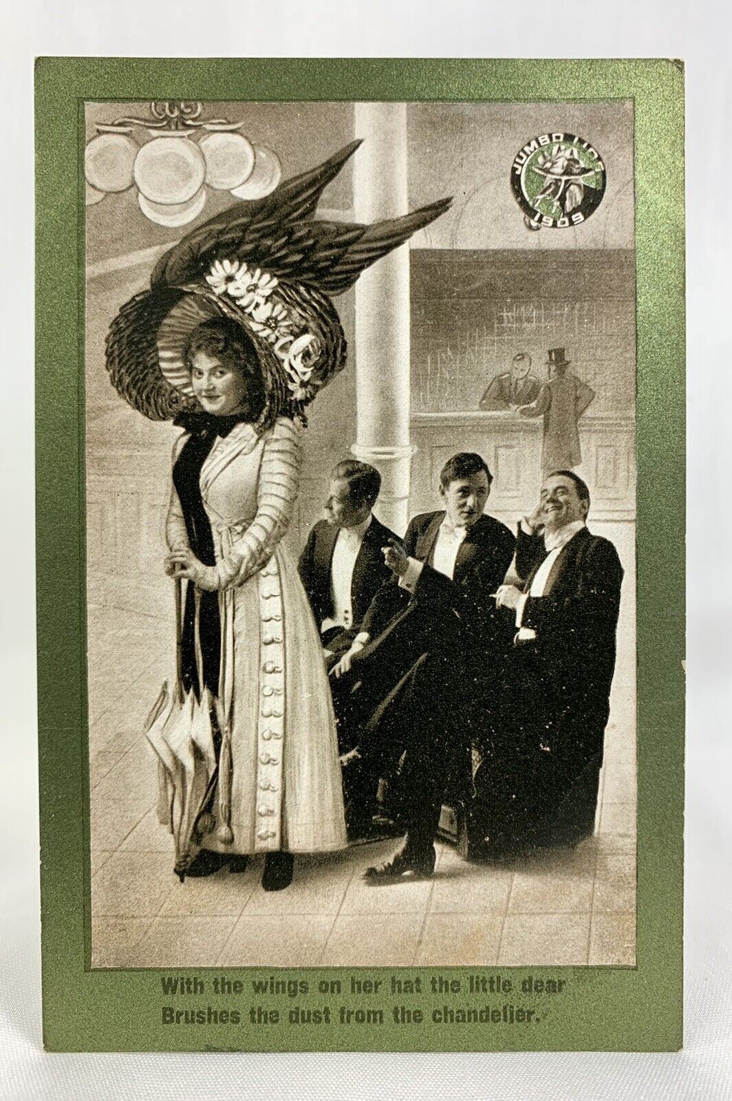 Jumbo Lids 1909 | Wings On Her Big Huge Hat | Merry Widow Comic Humor Postcard