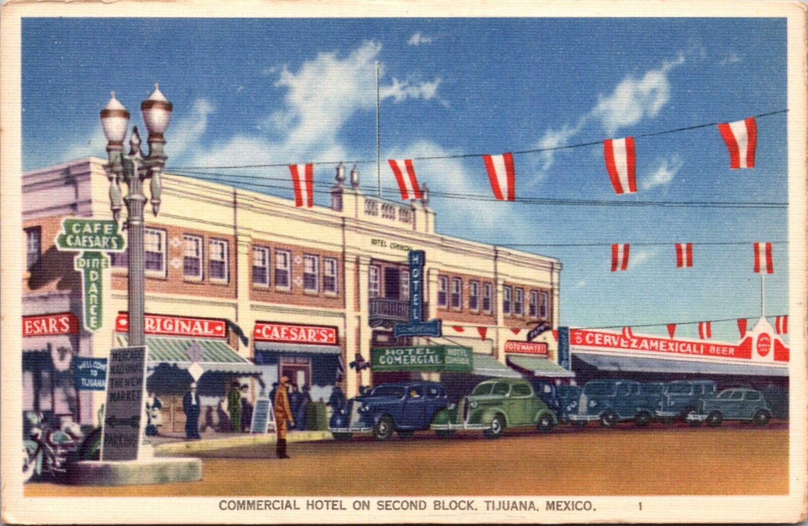 Linen Postcard Commercial Hotel on Second Block in Tijuana, Mexico