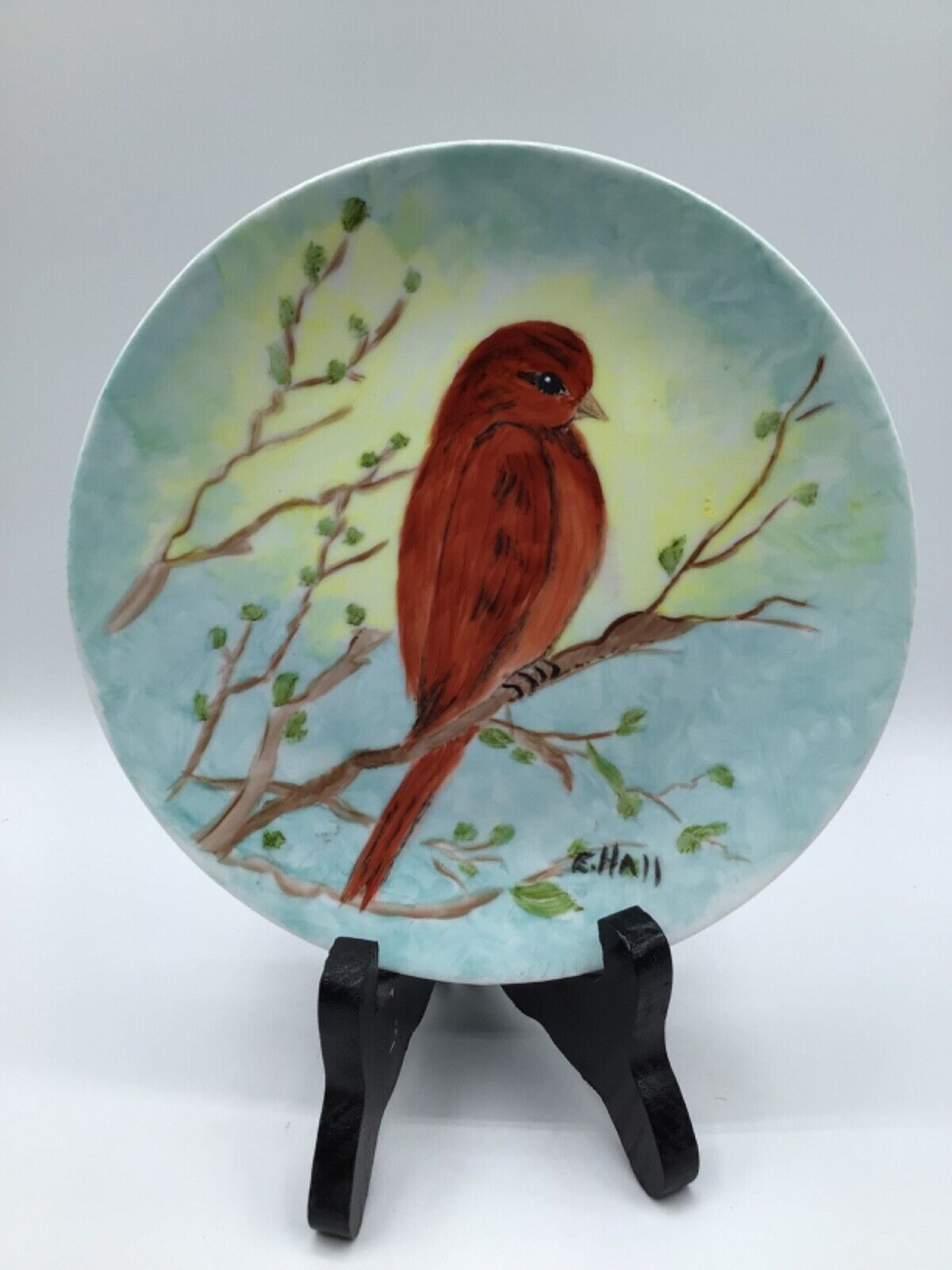Vintage Hand Painted Porcelain Cabinet Plate Reddish Brown Sparrow by E. Hall 7”