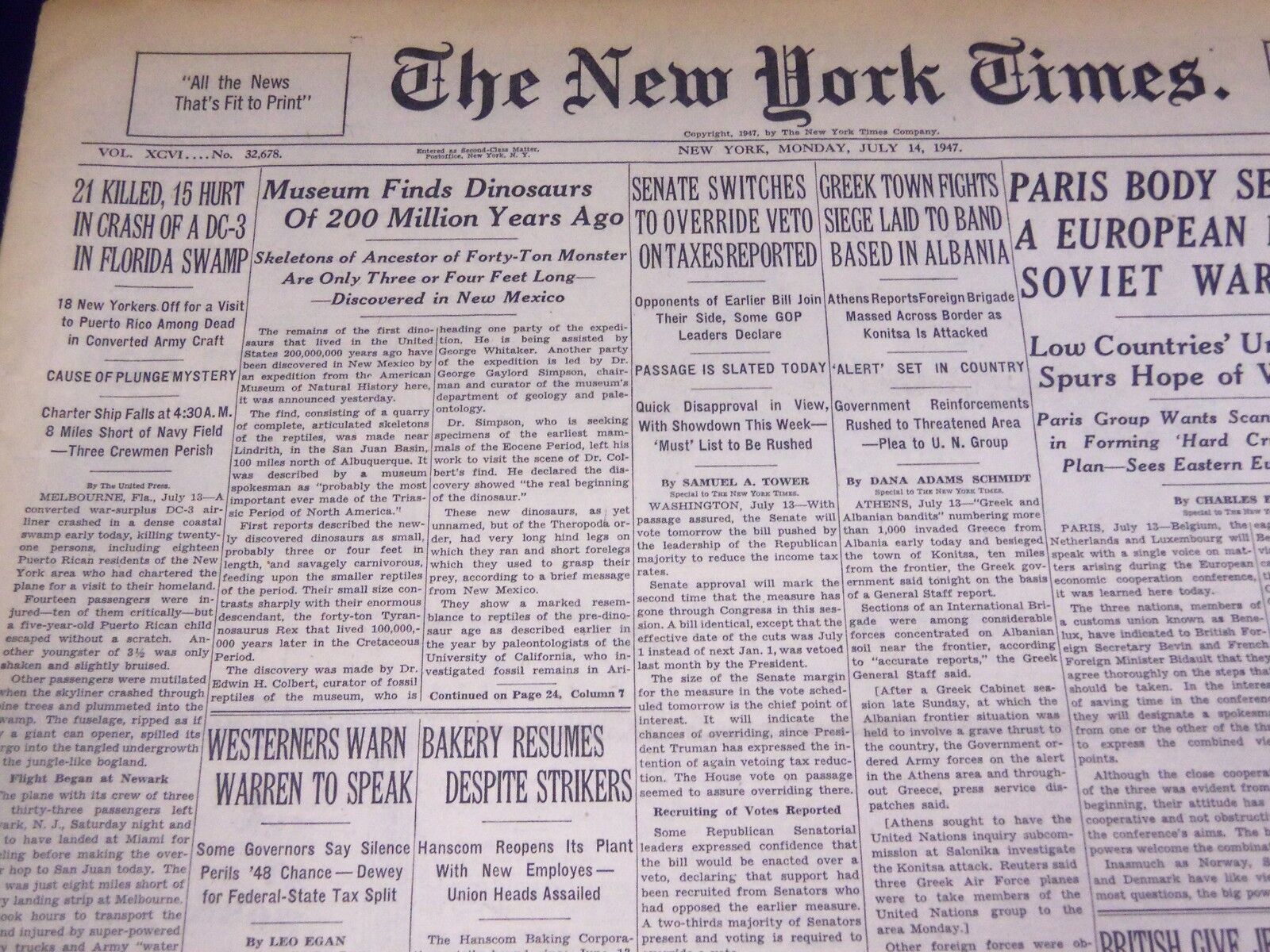 1947 JULY 14 NEW YORK TIMES - MUSEUM FINDS DINOSAURS 200 MILLION YEARS - NT 1410