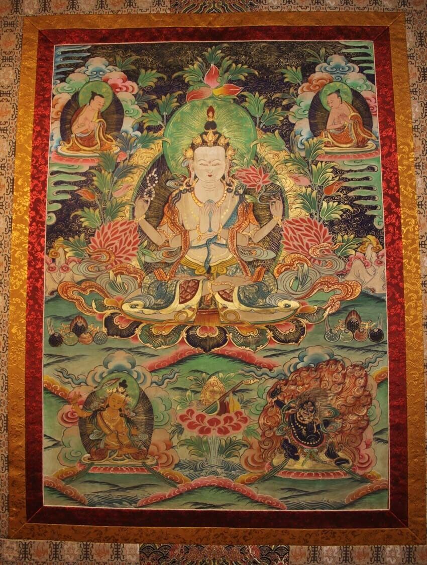 Amazing Tibet Old Buddhist Thangka Tangka Four-armed Avalokitesvara Bodhisattva