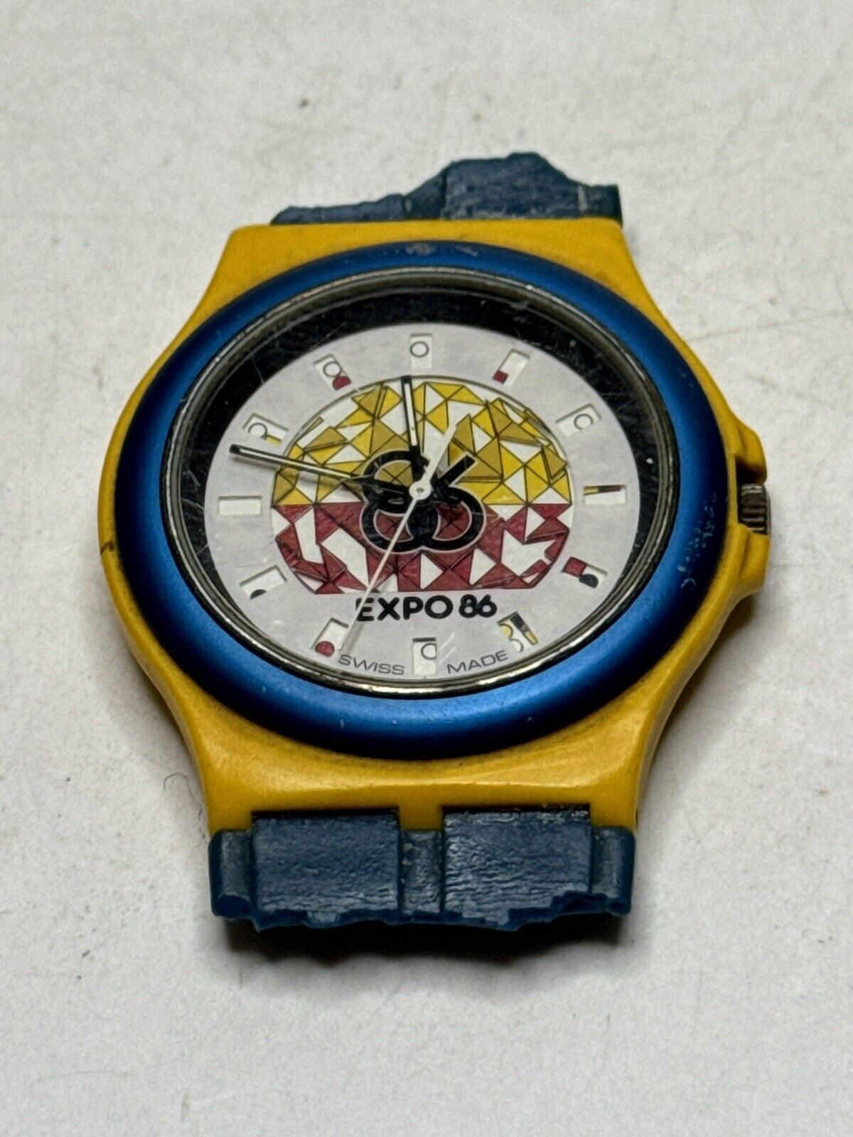 Vtg Expo 86 Swatch Quartz Watch By Swatch Swiss Made Blue/Yellow Vancouver Expo