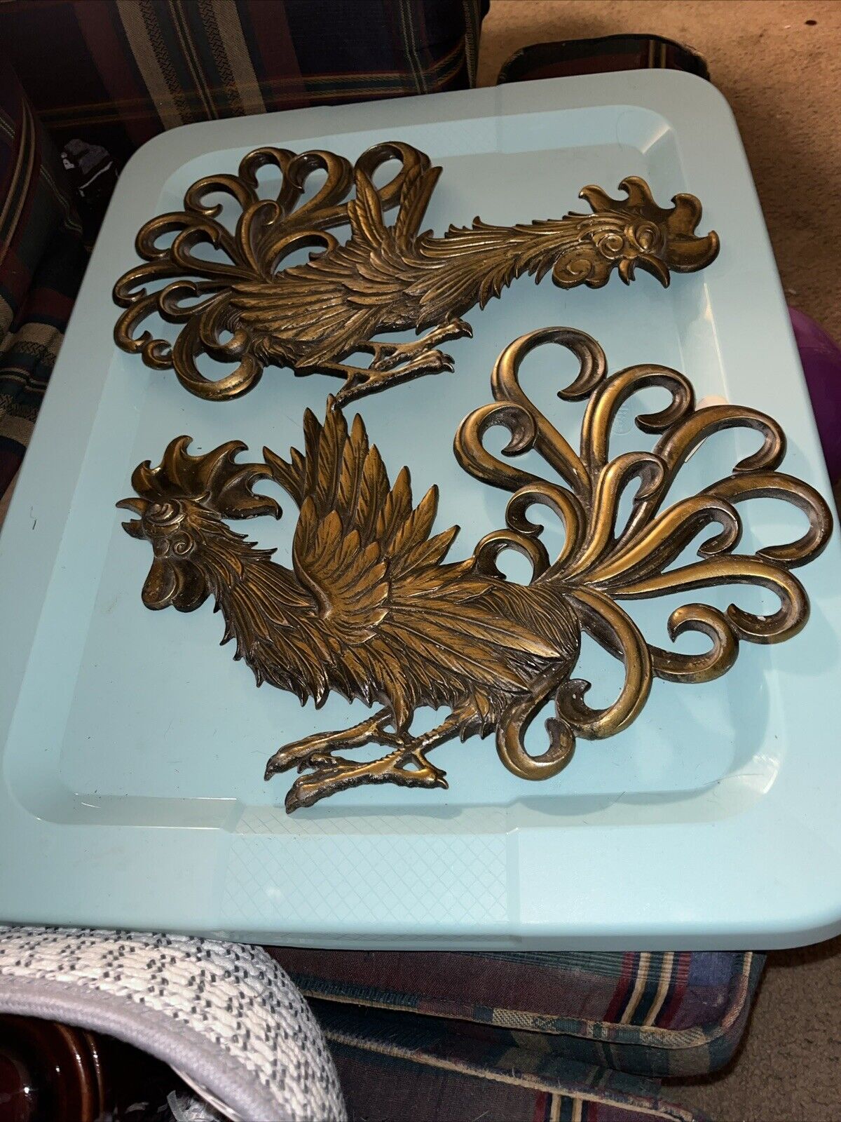Vintage Distressed Brass Tone Mid Century Fighting Roosters Rustic Wall Art 