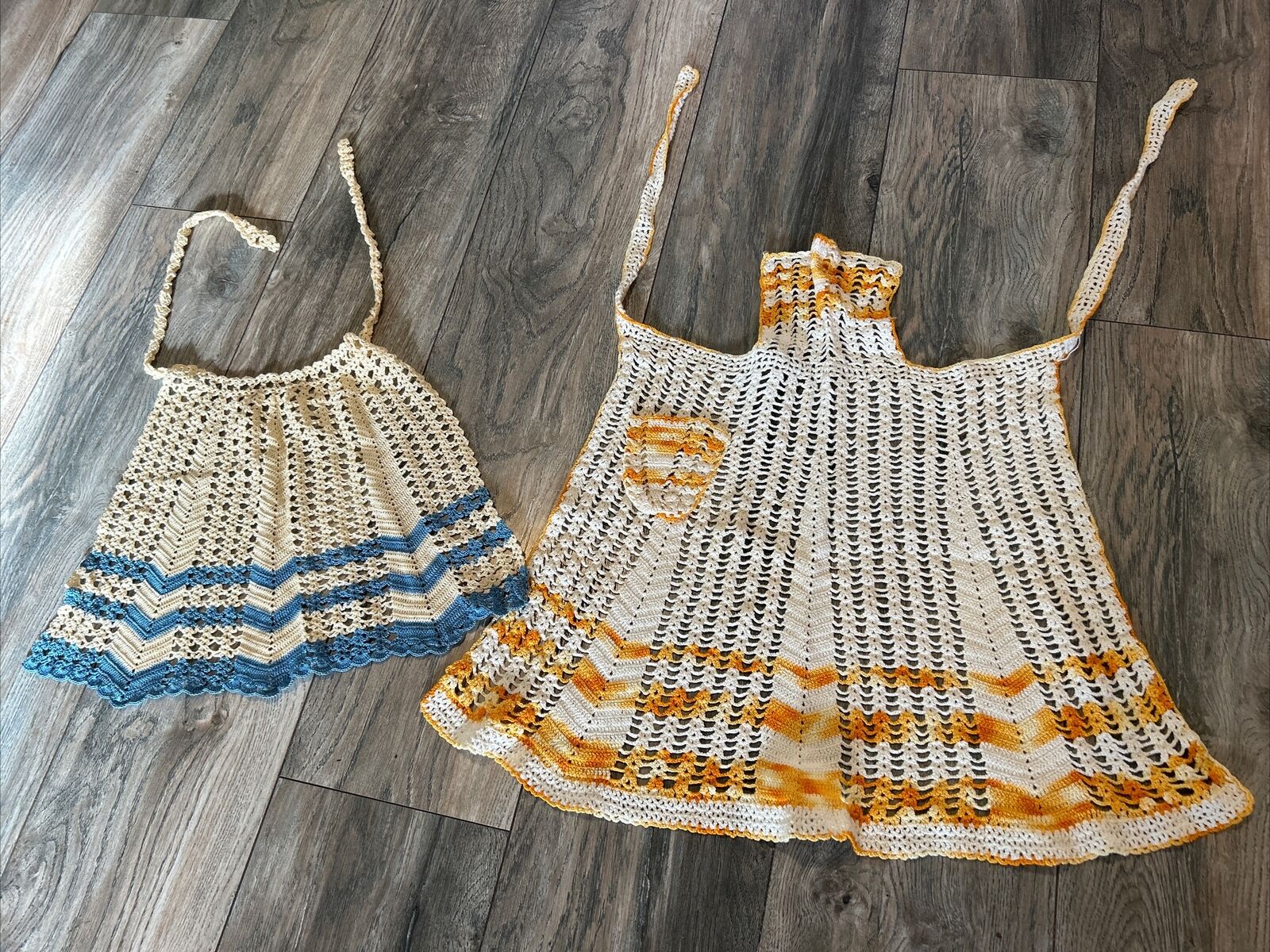 Lot Of 2 Vintage 70's Hand Crocheted Aprons Women's Multicolor