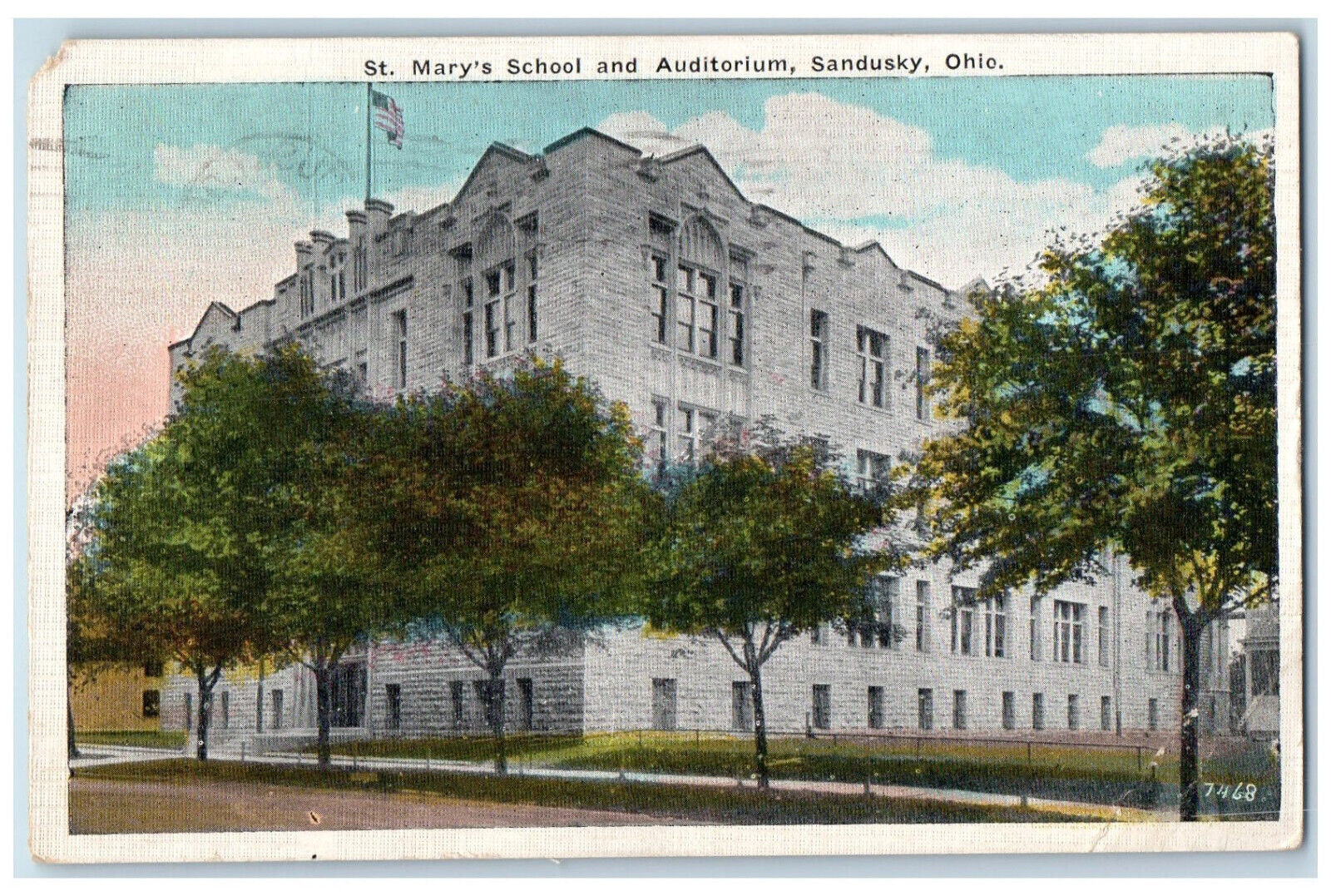 1923 St. Mary's School and Auditorium Sandusky Ohio OH Posted Postcard