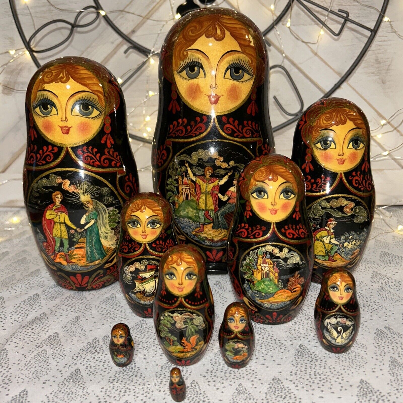 1992  VTG Russian Fairytale Nesting DOLL Hand Painted Signed 9.5”- 10 Pce