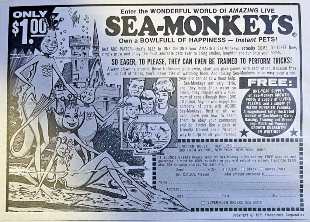 1973 Vintage Magazine Advertisement Sea Monkey Instant Pets