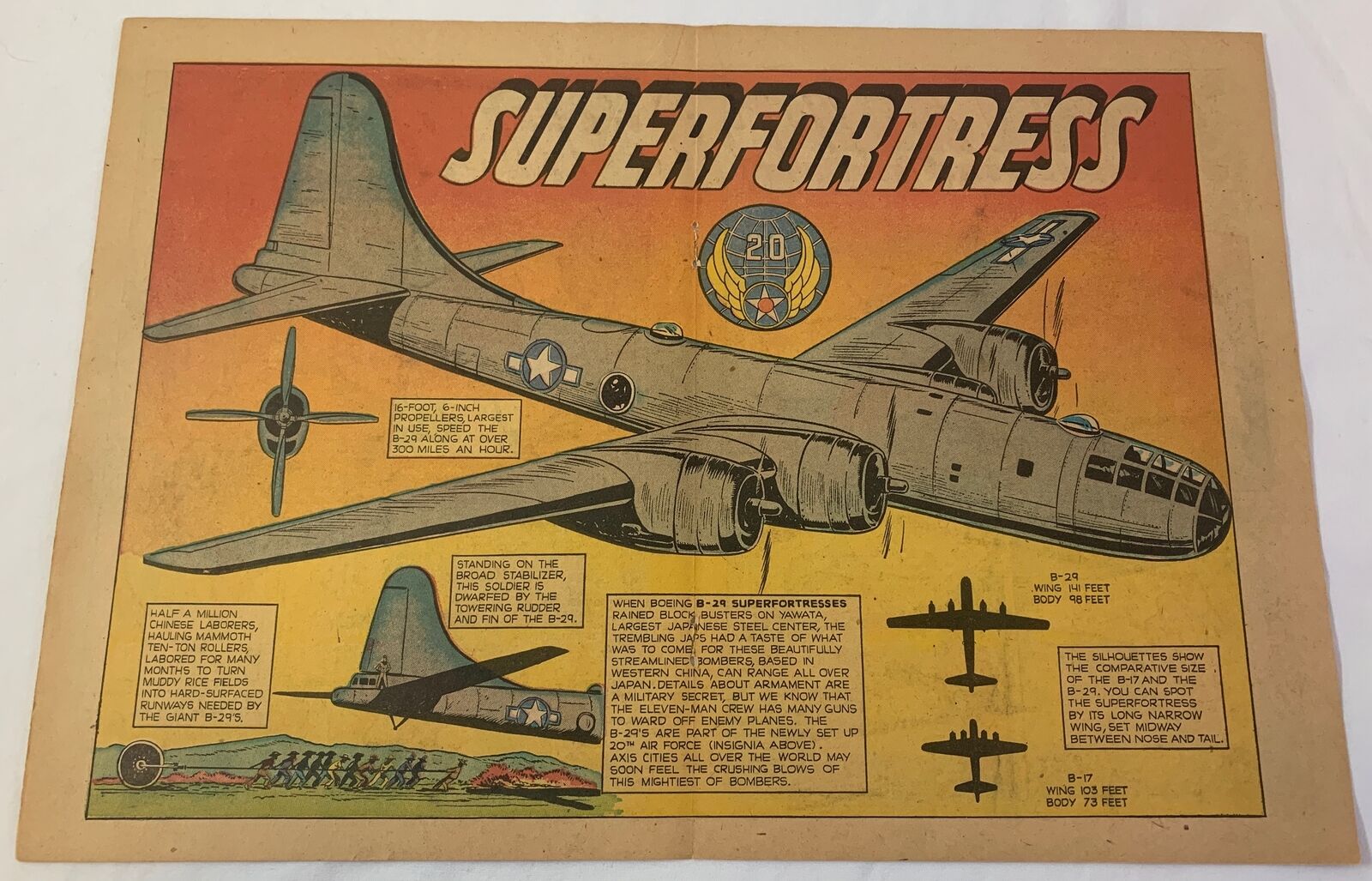 1944 WWII cartoon centerfold ~ B-29 SUPERFORTRESS