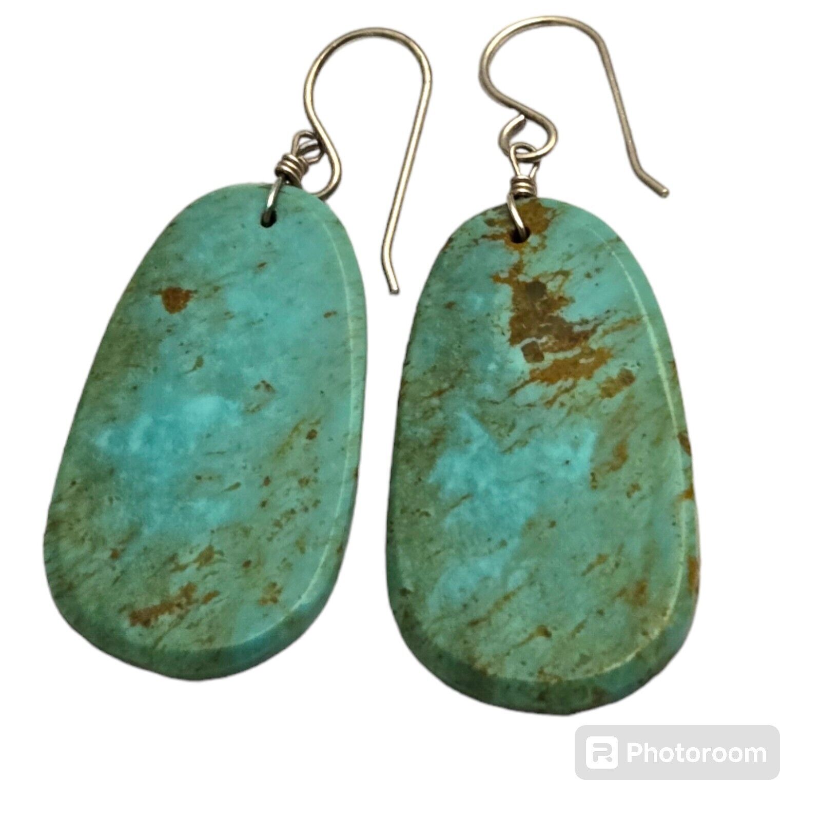 SUPERB SANTO DOMINGO ROYSTON TURQUOISE SLAB STERLING SILVER EARRINGS