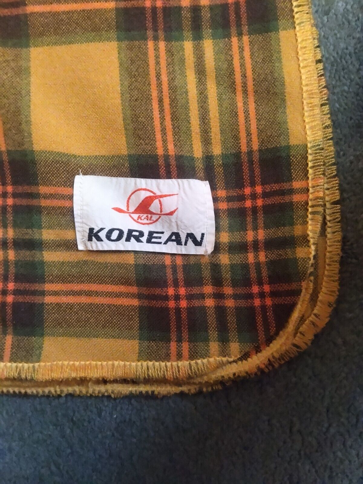 Korean Airlines Plaid Lap Blanket Tan Green Red Travel Throw 54inx44in unused...