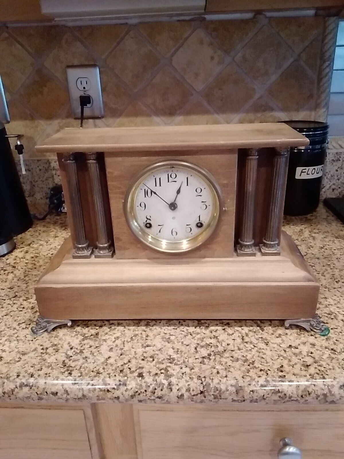 Vintage Ansonia Natural Wood Mantle Clock, Runs well.