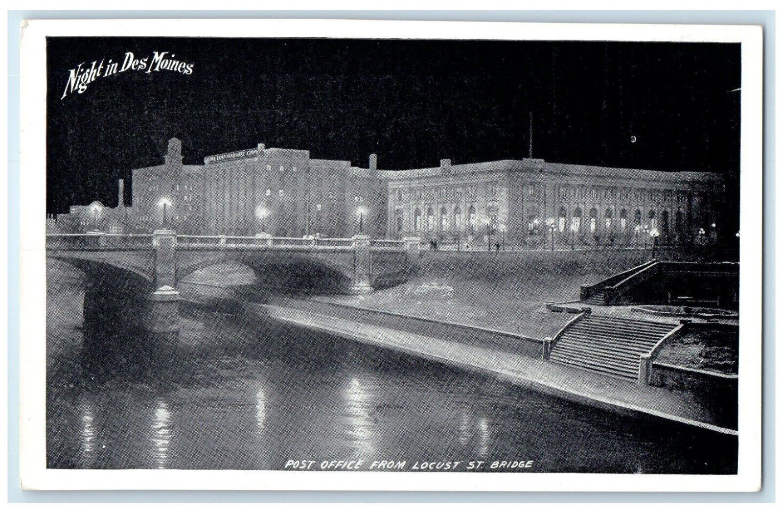 c1910's Post Office From Locust St. Bridge Night In Des Moines Iowa IA Postcard