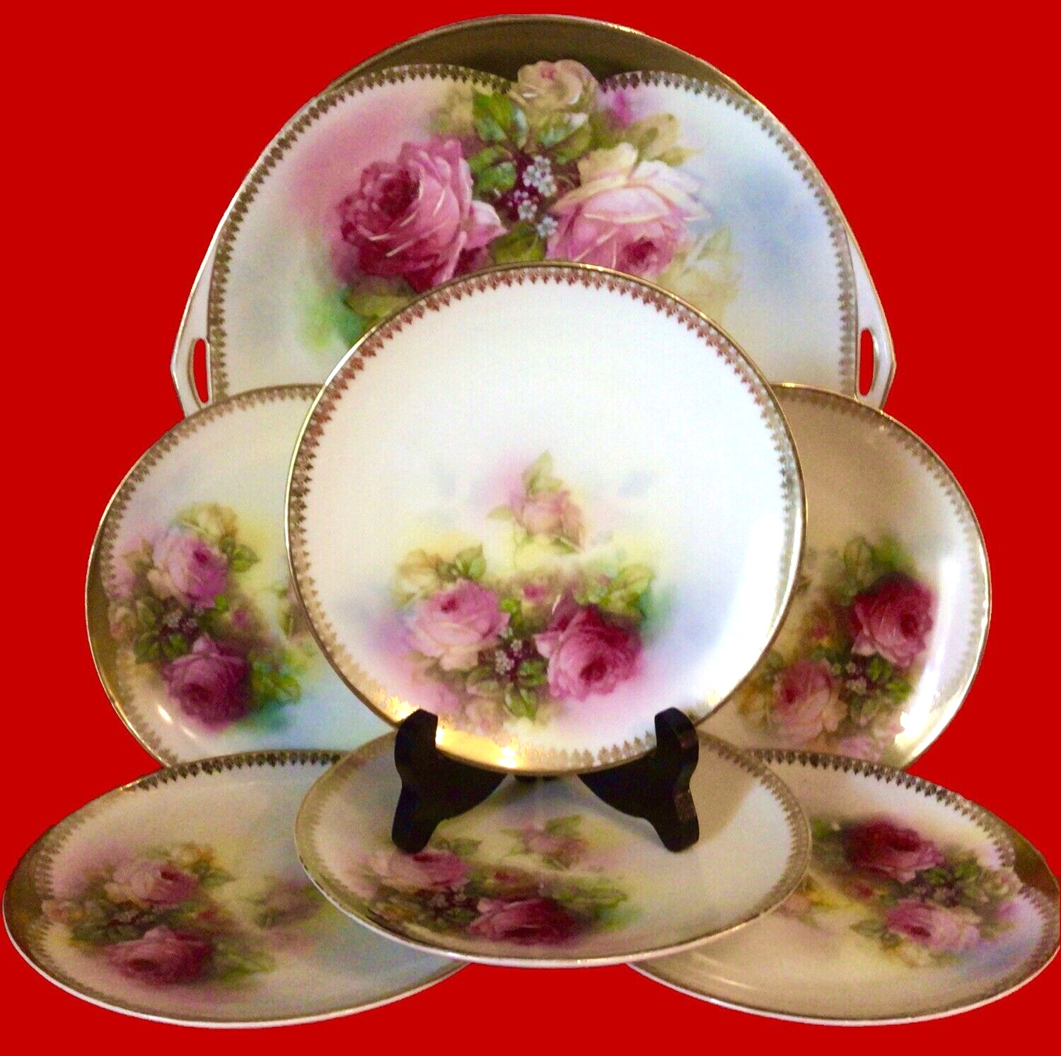 ROYAL RUDOLSTADT PRUSSIA CAKE PLATE AND DESSERT PLATES ANTIQUE SET OF 7 ROSES