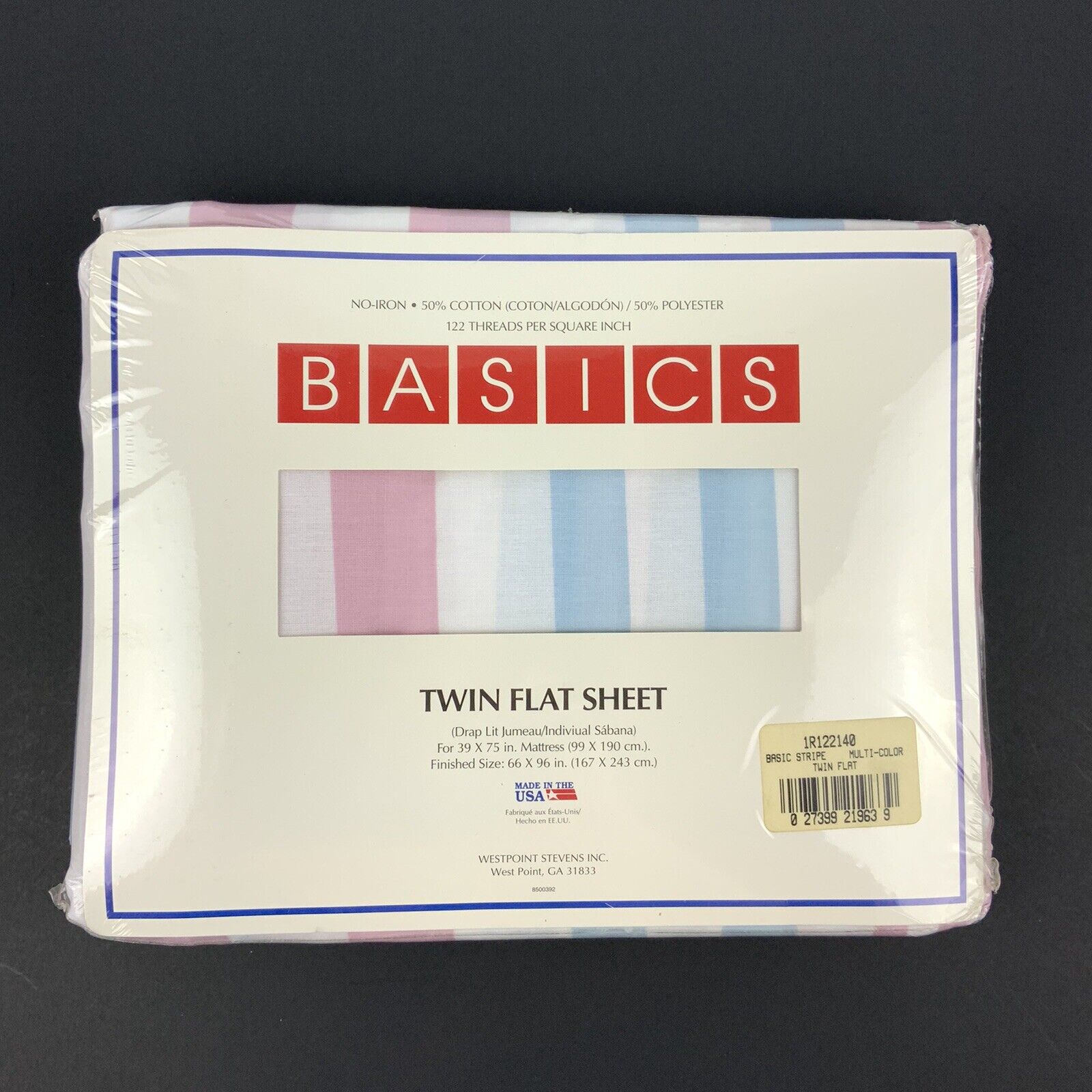 Westpoint Stevens Basics Twin Flat Sheet Pink Blue Stripe No Iron Made in USA