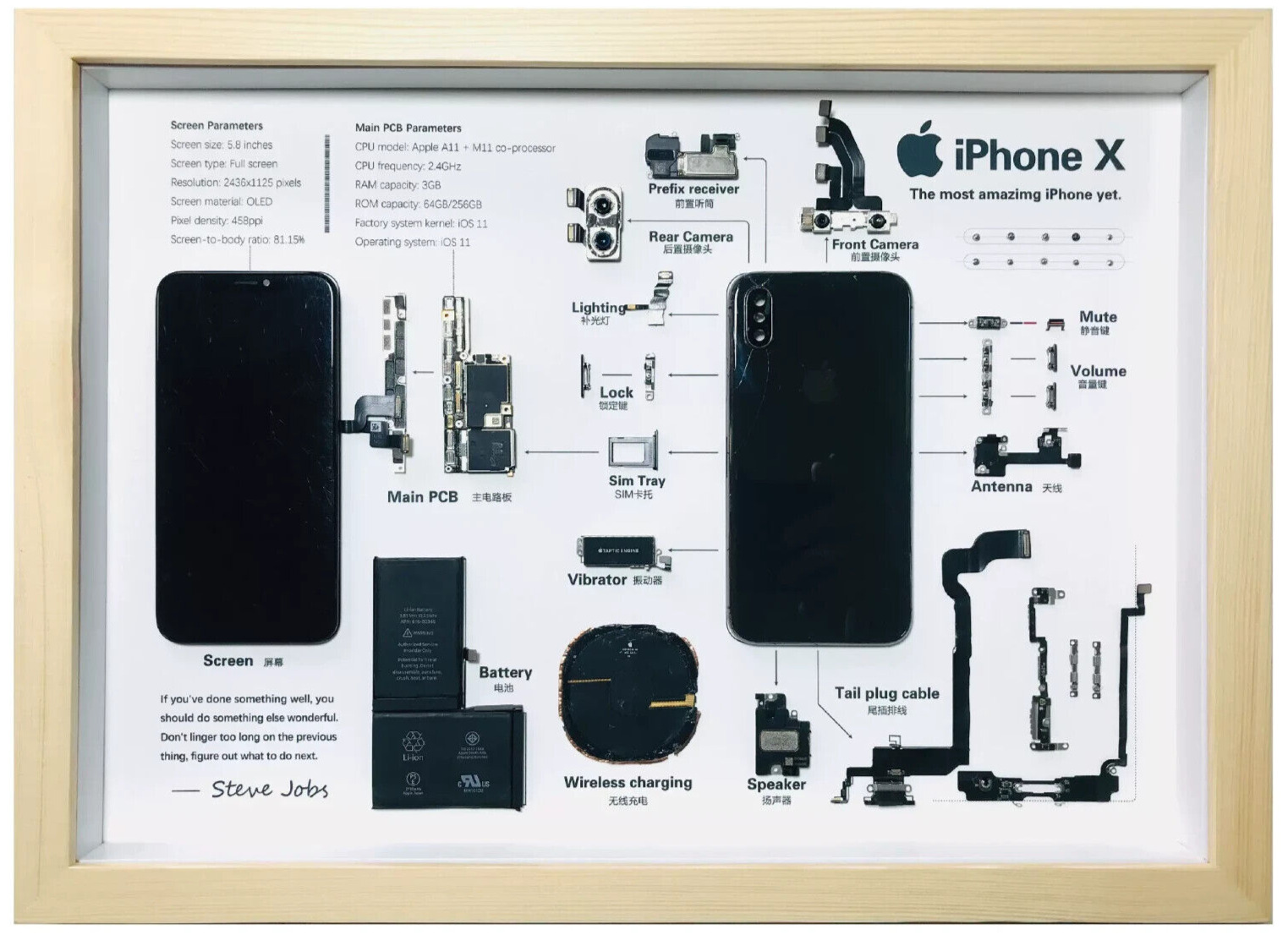 A3 Framed iPhone X Disassembled Phone Wall Art Unique Gifts for Apple Lovers