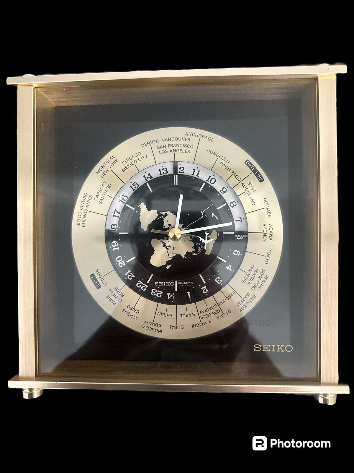 Vintage Seiko Quartz International Time zone  Mantel Clock w/ Airplane 2nd Hand
