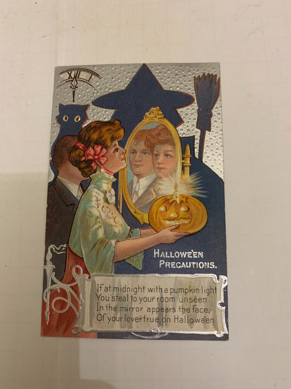 1909 Halloween Precautions Embossed Postcard Witch Cat Mirror Lady Man Pumpkin