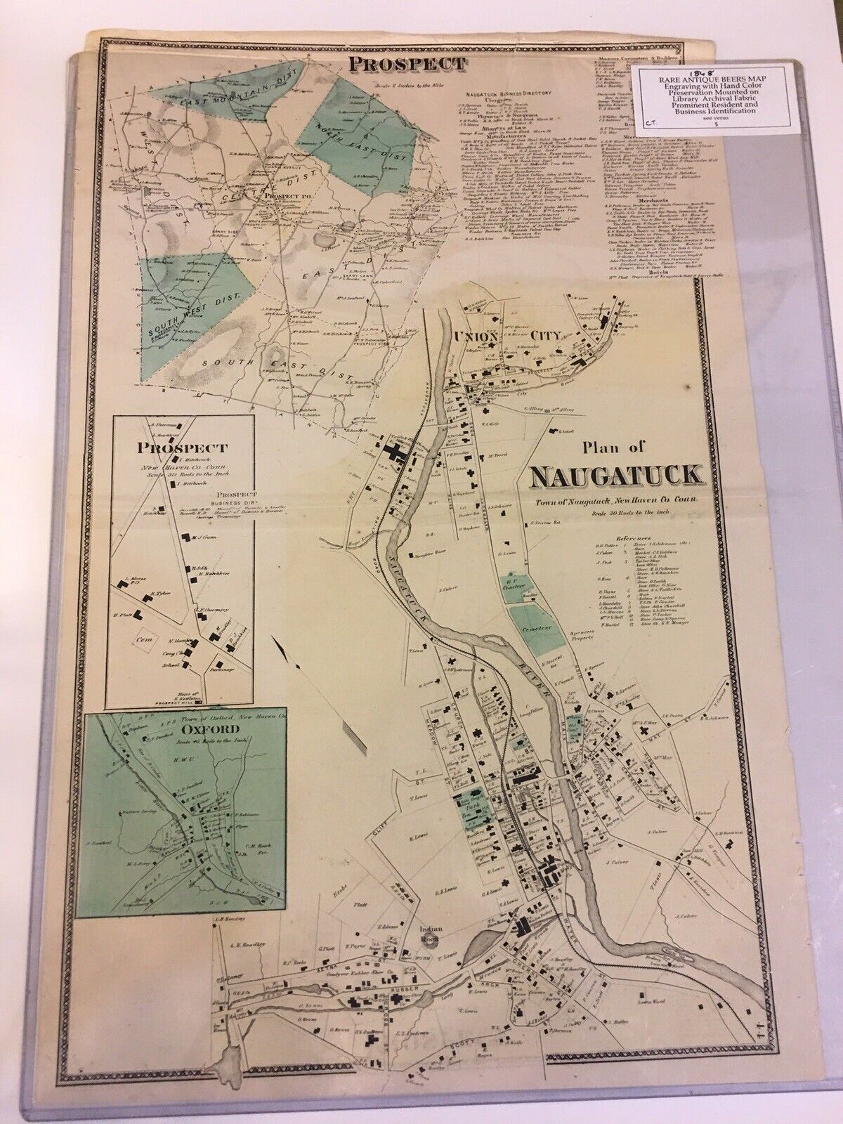 PROSPECT & PLAN OF NAUGATUCK, CT., 1868 HAND COLORED MAP, NOT A COPY