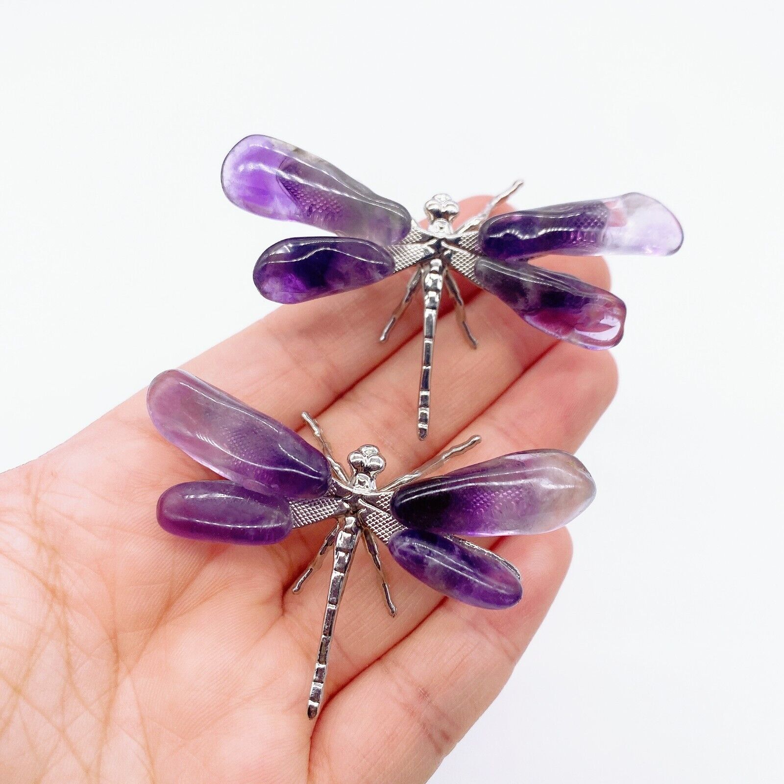 2PCS Natural Amethyst Dragonfly Crystal Purple Quartz Stone Gemstone Figurine
