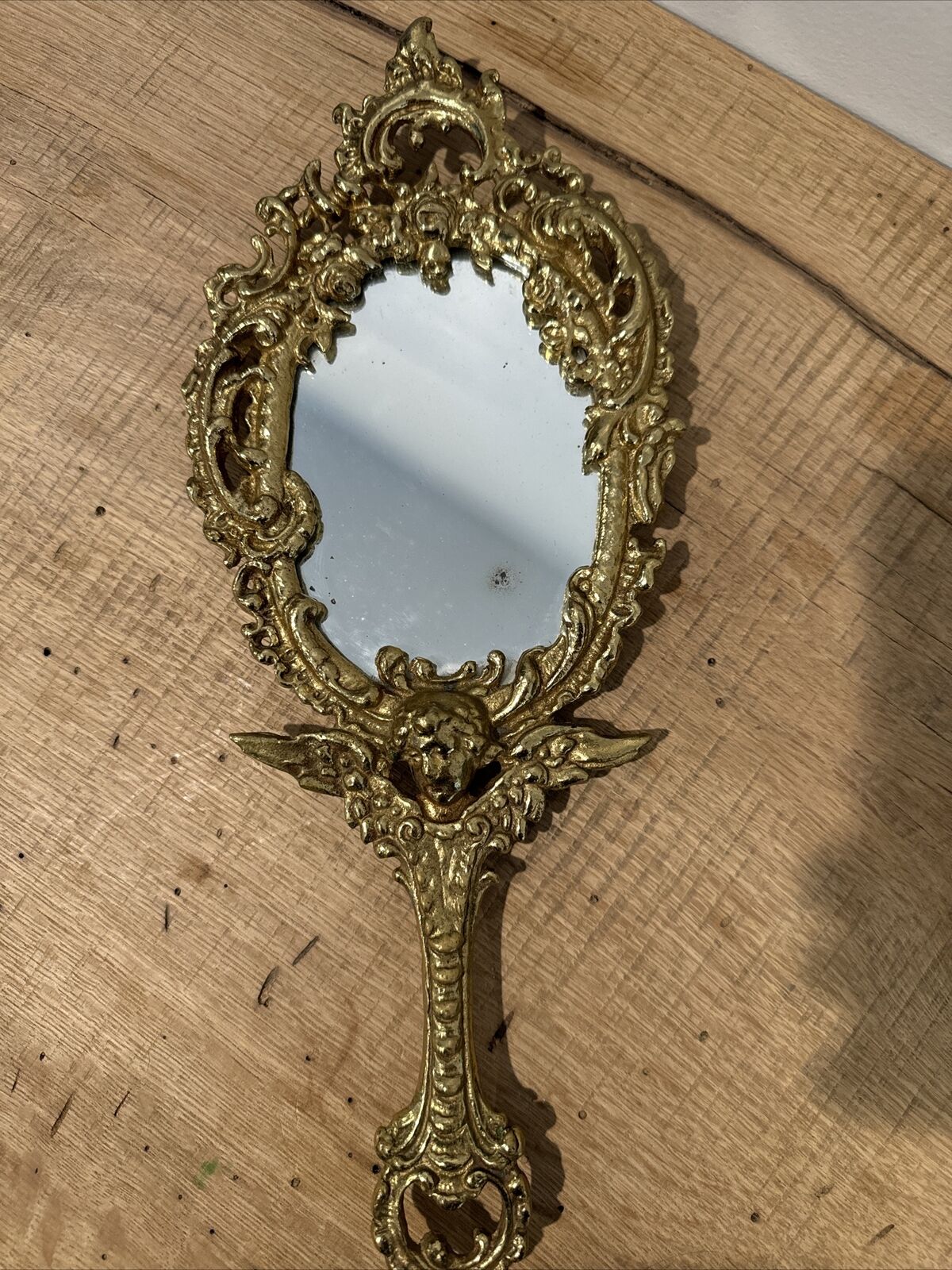 Vintage Victorian Brass Cherub Hand Mirror With Foot Pedestals Ornate 14” X 5.5”