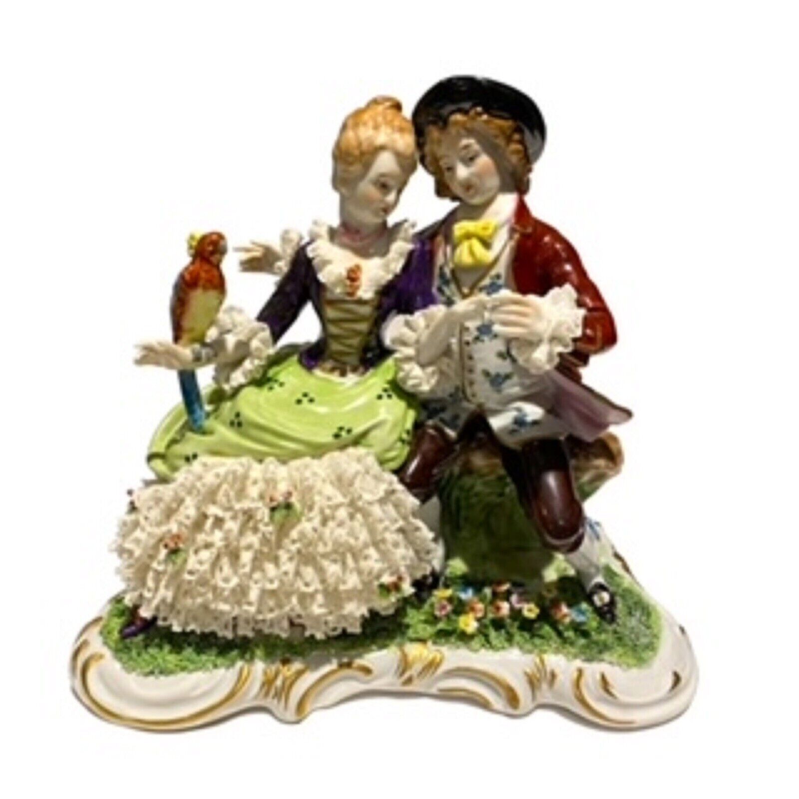 Vintage Unterweissbach Germany Porcelain Dresden Lace Courting Couple Parrot
