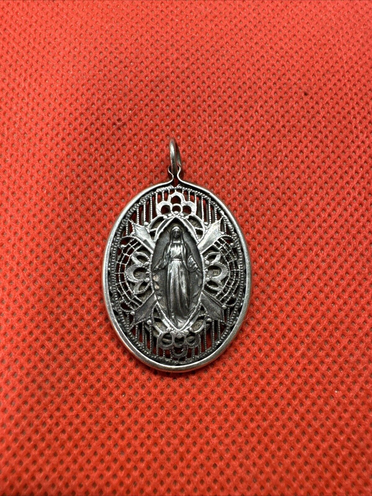 Vintage Sterling Silver Catholic Religious Caged Filigree Miraculous Medal