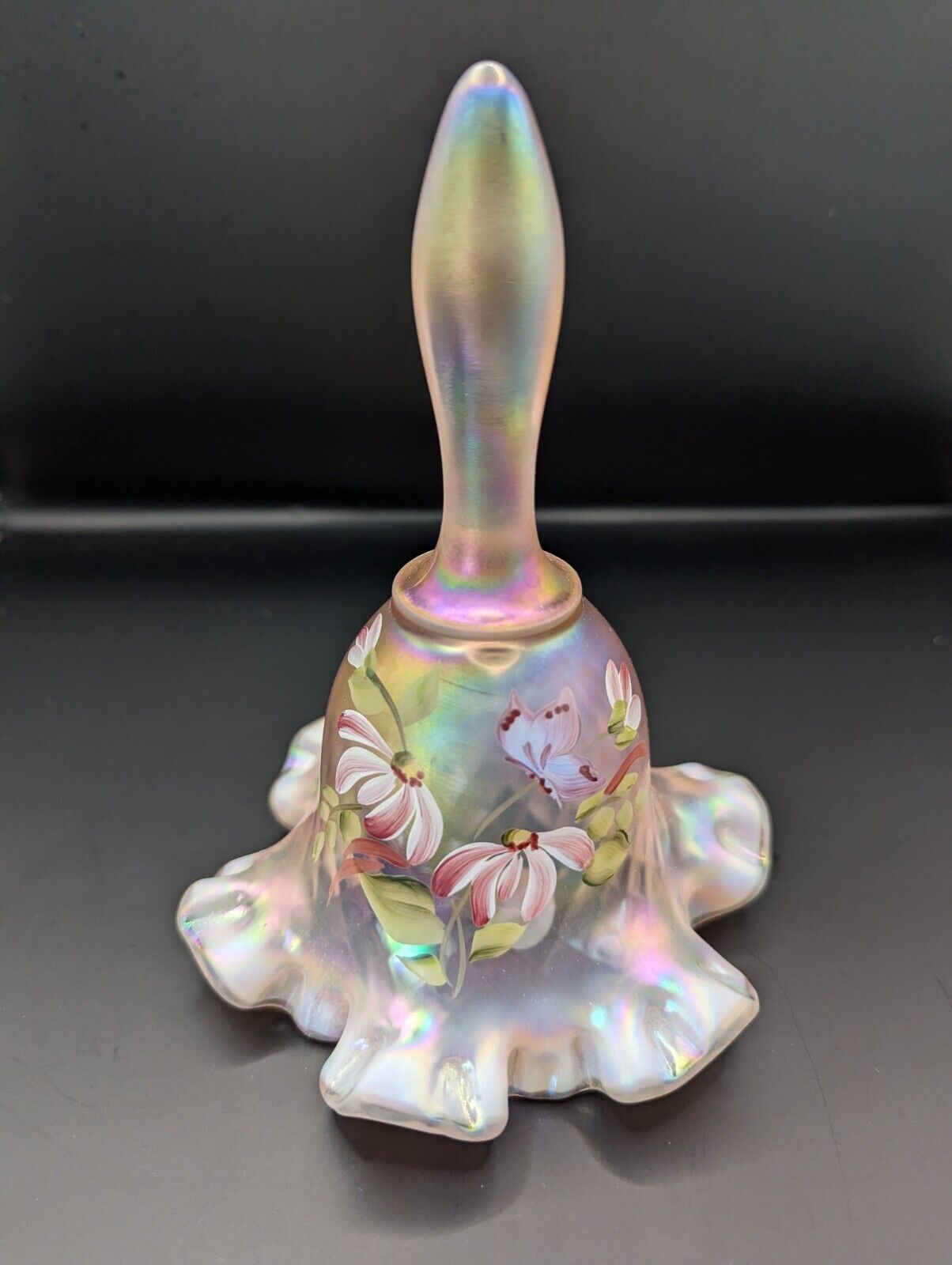 Vintage Fenton Iridescent Bell Hand Painted Signed Art Glass Floral Ruffled