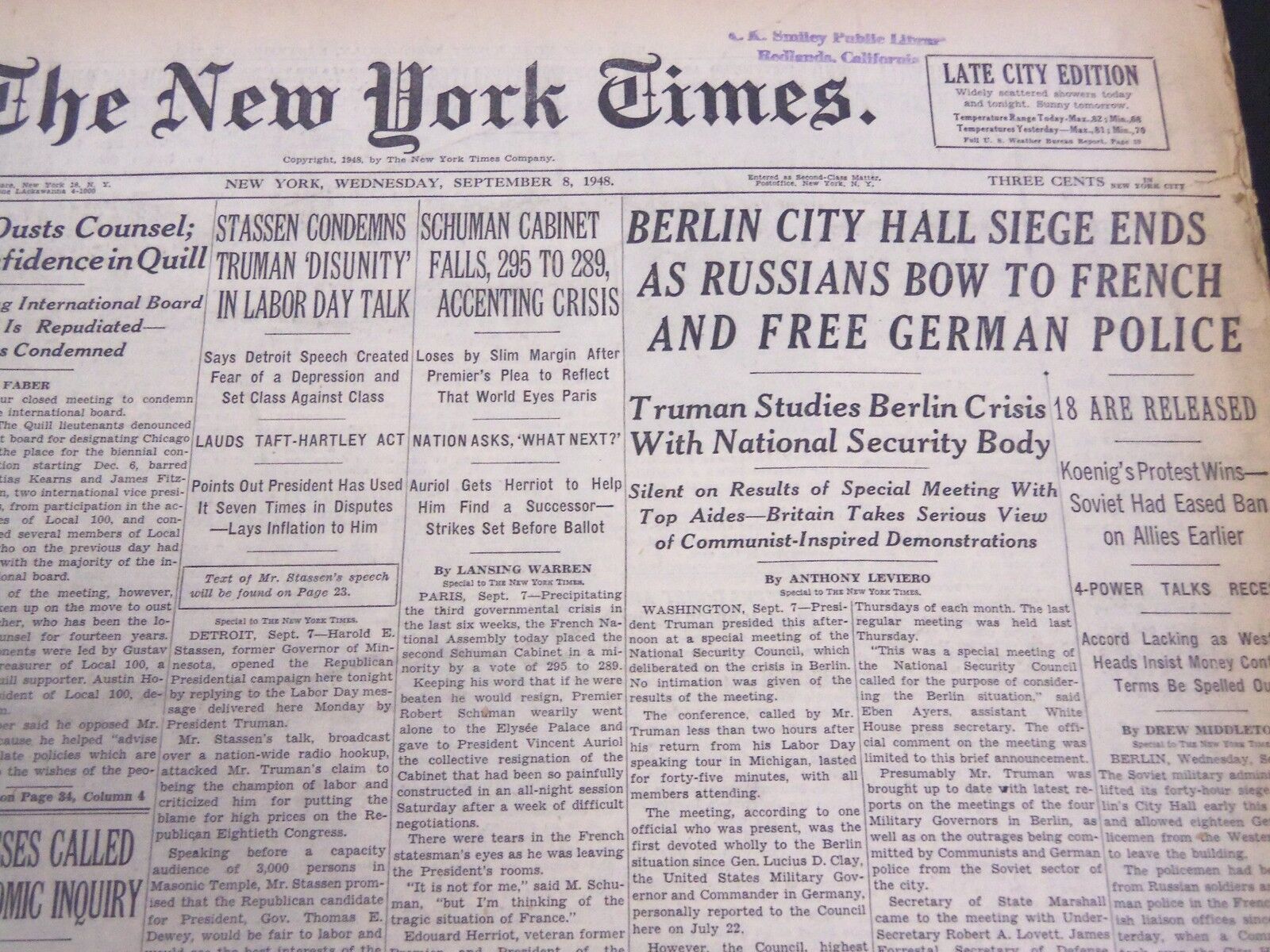 1948 SEPTEMBER 8 NEW YORK TIMES - BERLIN CITY HALL SIEGE ENDS - NT 4399