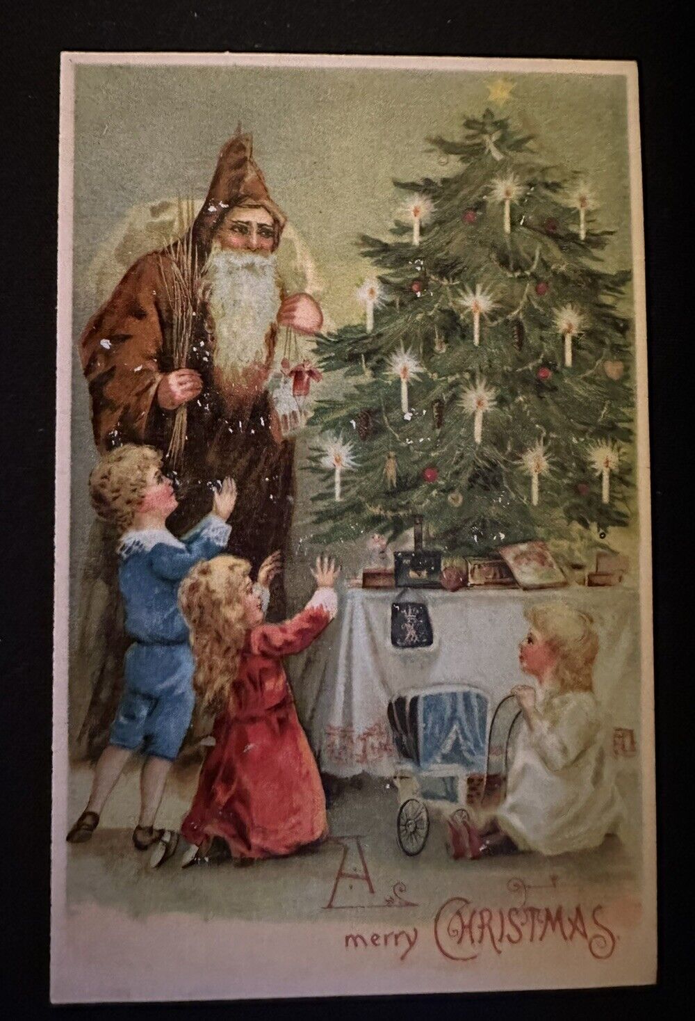 Long Brown Robe Santa Claus with~Children~Tree~Vintage~ Christmas Postcard~k475