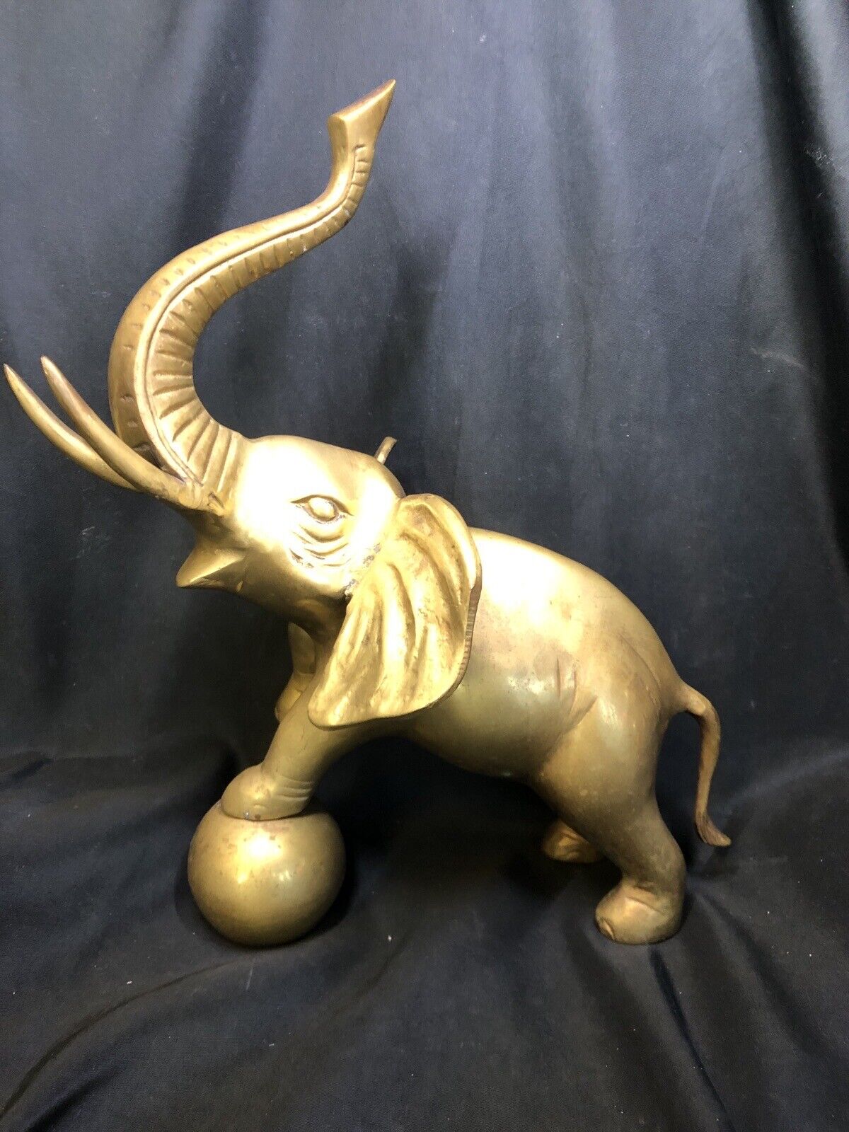 Lg Vintage Solid Brass Lucky Elephant Trunk Figurine Balancing On Ball ~ Indian