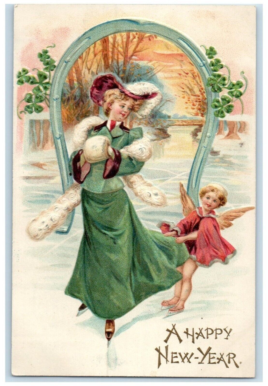 c1910's New Year Woman Skating Winter Angel Shamrock Embossed Antique Postcard