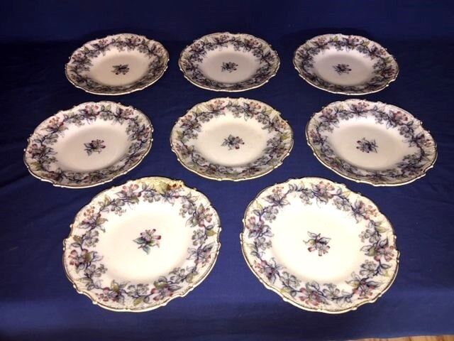8 Antique Charles Meigh Flow Blue Opaque Porcelain Dinner Plates c1850's