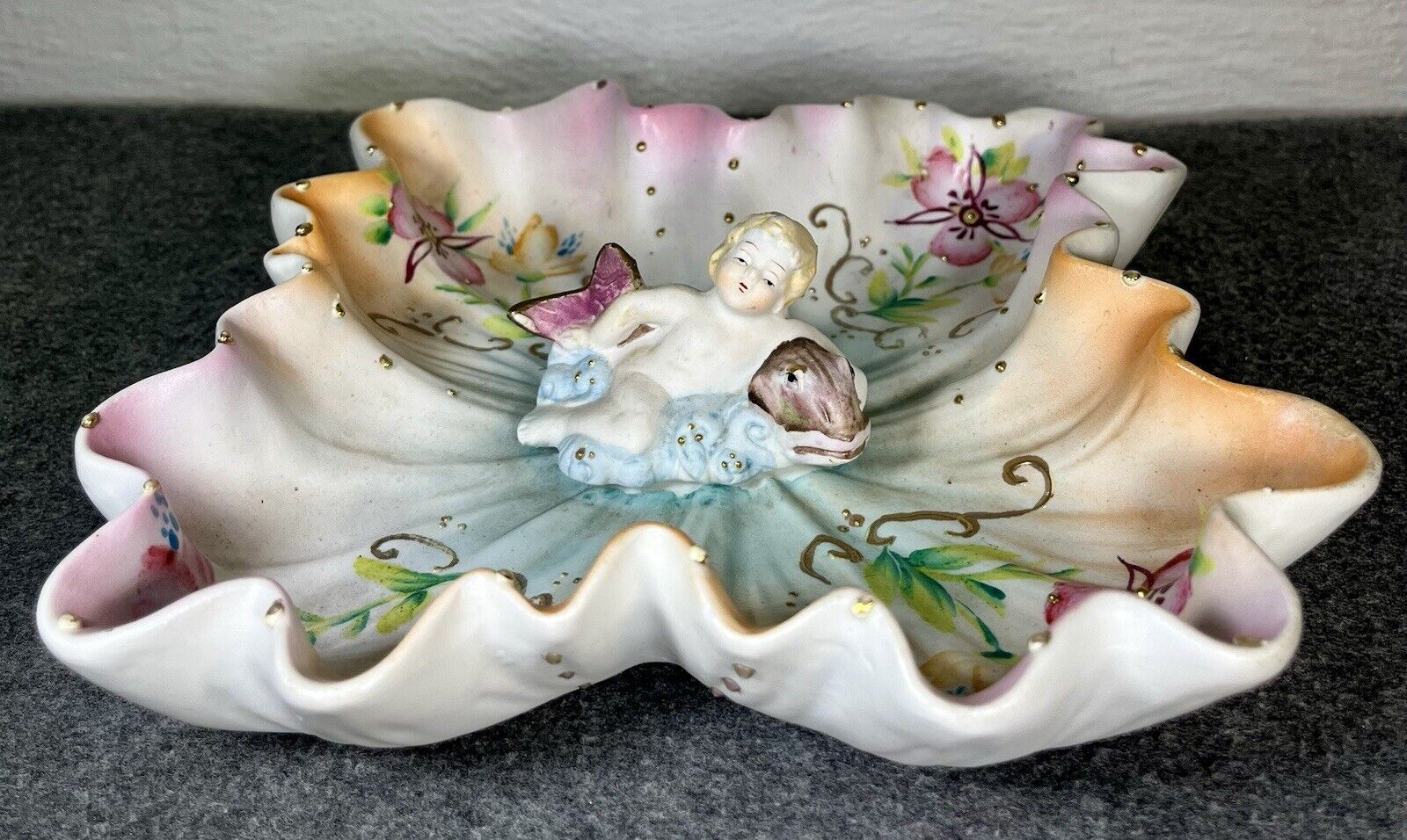 Antique Hand Painted Porcelain Bisque Vanity Dish