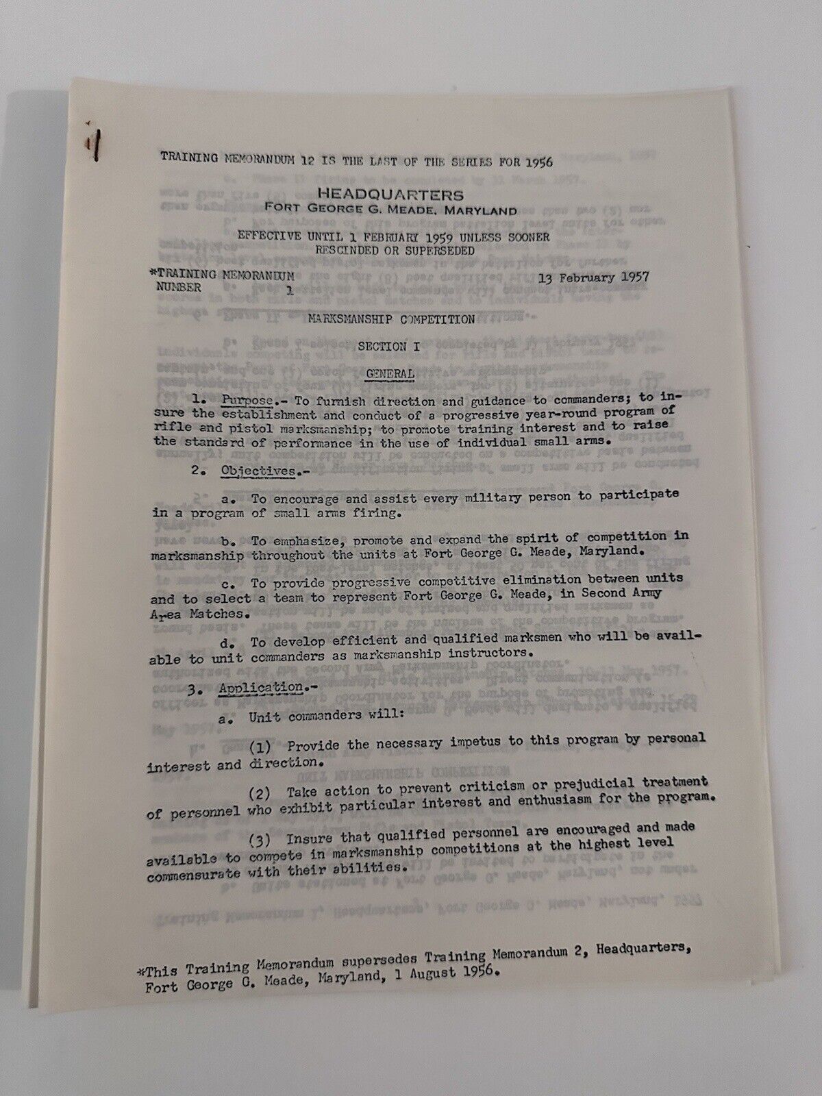 1957 Fort Meade Training Memorandum Marksmanship Competition Ephemera Military
