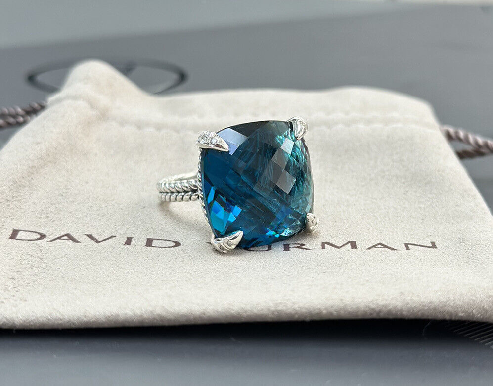 David Yurman Sterling Silver 20mm Chatelaine Hampton Blue Ring & Diamonds sz 6