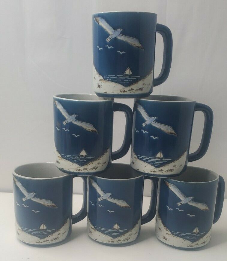Vintage 6 Coffee Mug Blue Ocean Beach Seagulls Ceramic Cup