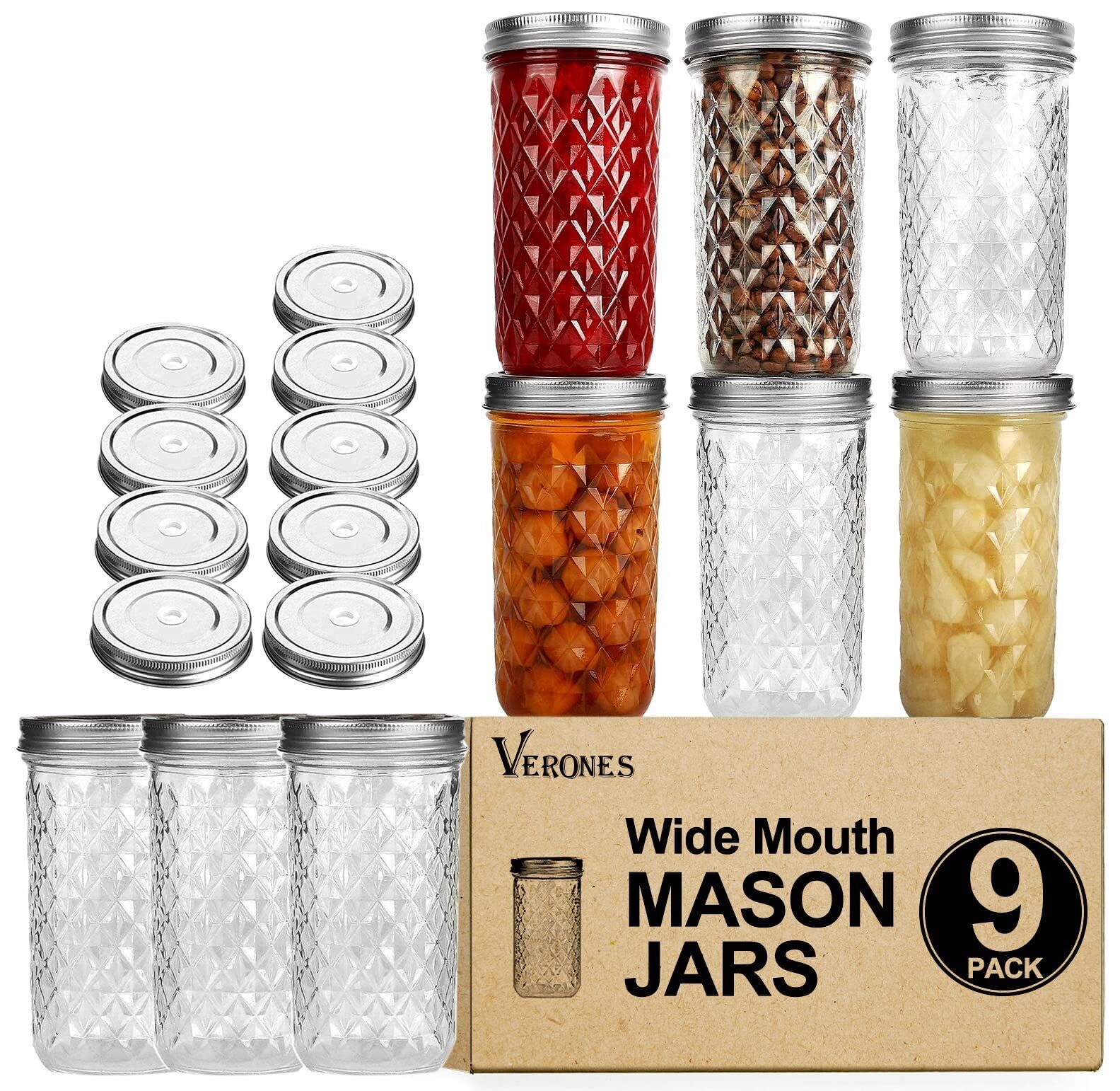 Wide Mouth Mason Jars 22 oz, VERONES 22 OZ Mason Jars Canning Jars Jelly Jars Wi