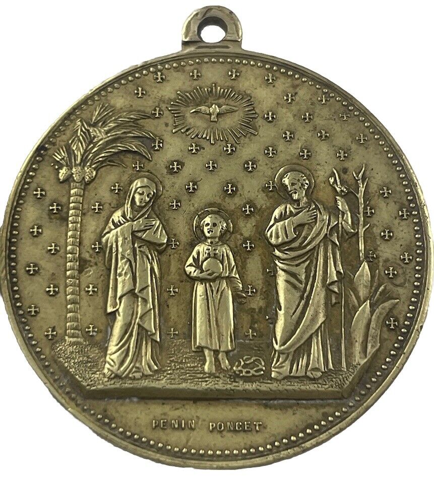 Vintage Catholic Signed Penin Holy Family Gold Tone Religious Medal, France
