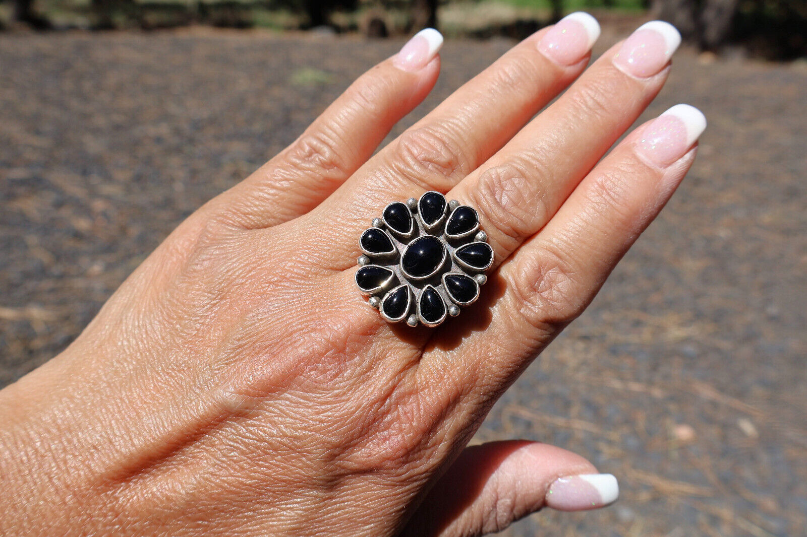 Navajo Jet Black Cluster Ring Native American Handmade Jewelry Sz 8.25US