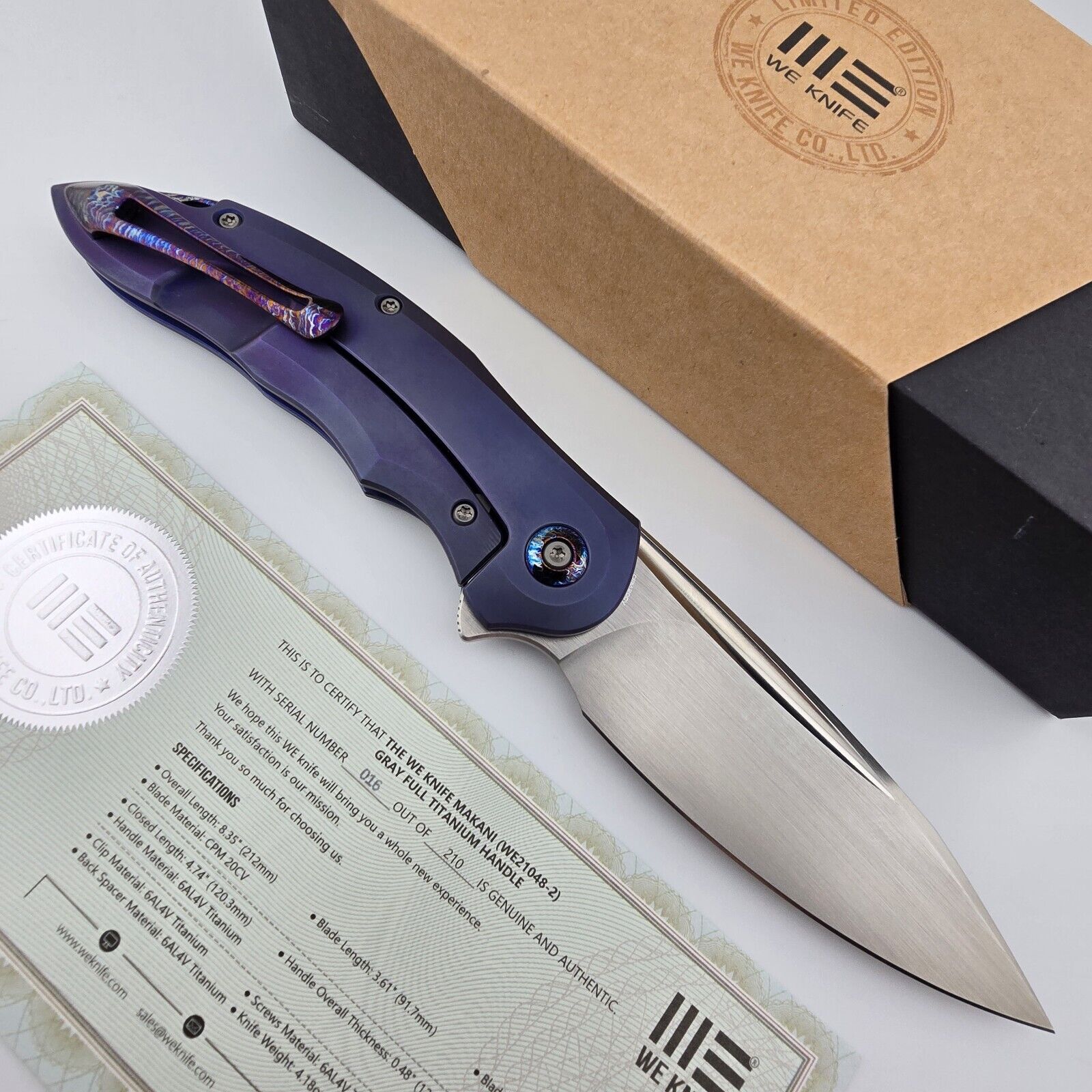 We Knife Makani Folding Knife Anodized Titanium Handles Flamed Ti Clip WE21048-2