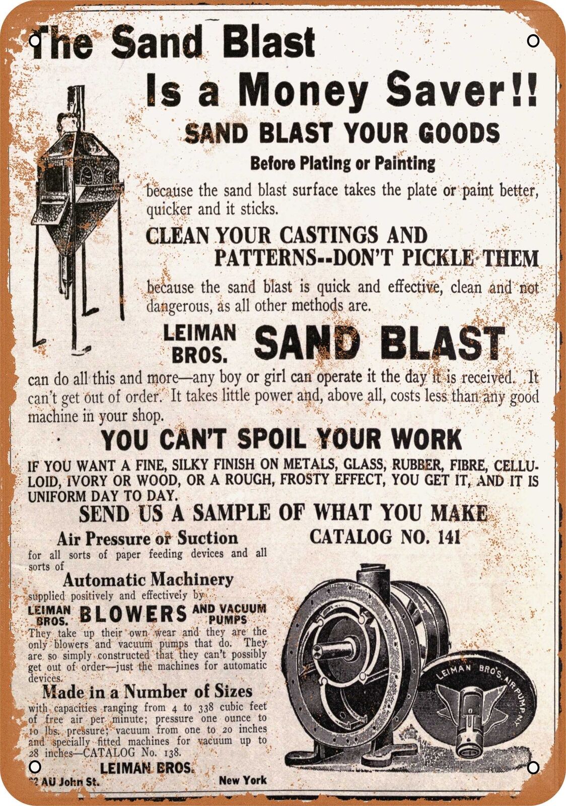 Metal Sign - 1915 Leiman Sand Blasting Machines - Vintage Look Reproduction