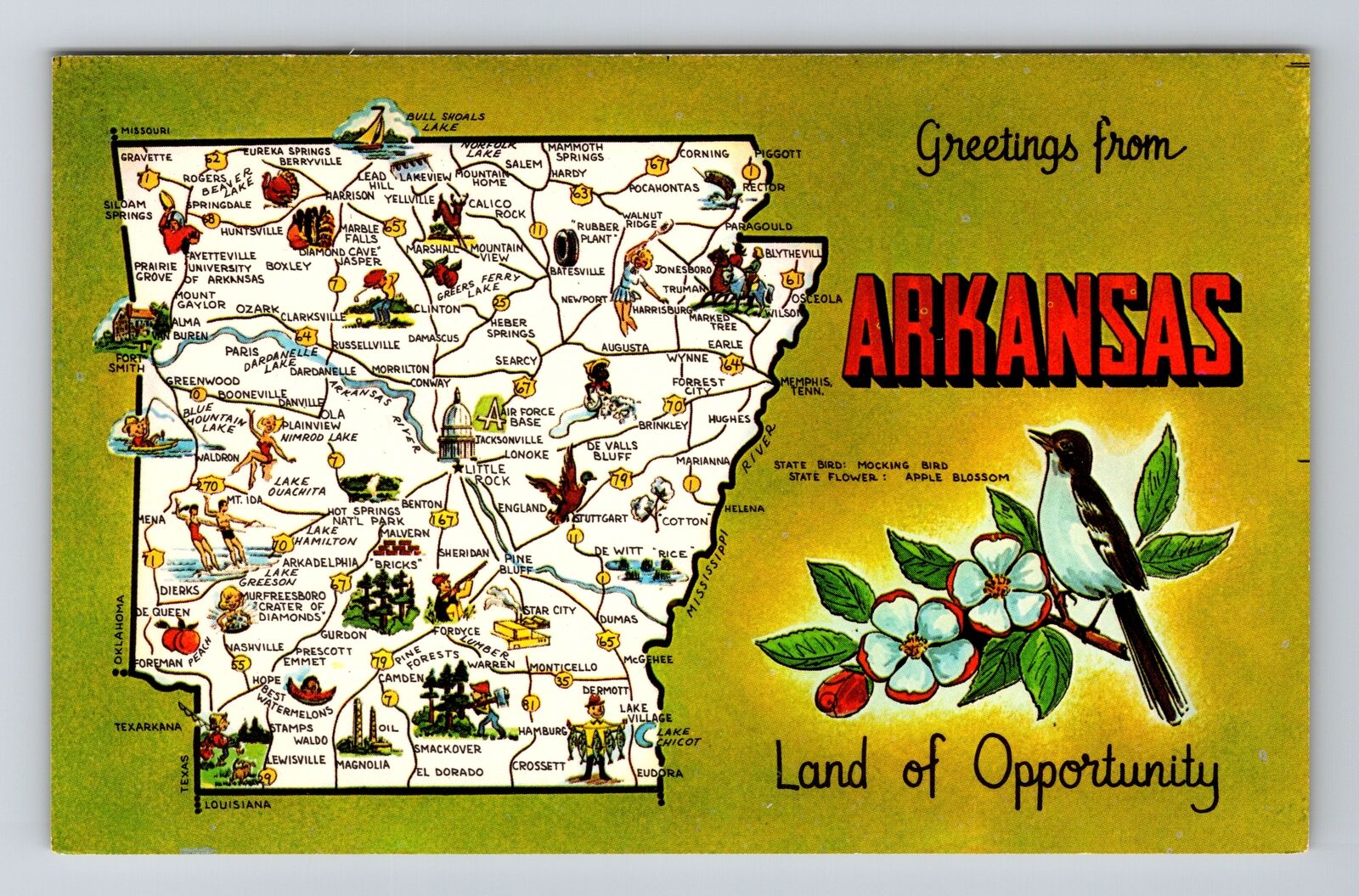 AR-Arkansas, Greetings, State Outline, Vintage Postcard
