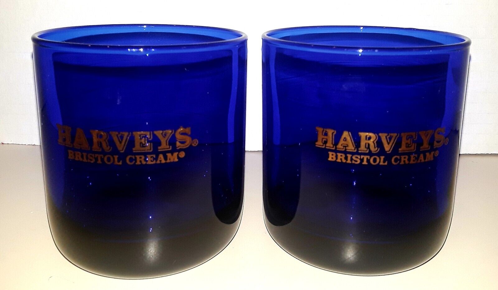 PAIR OF HARVEY'S BRISTOL CREAM COBALT BLUE 10oz TUMBLER GLASSES MARKED