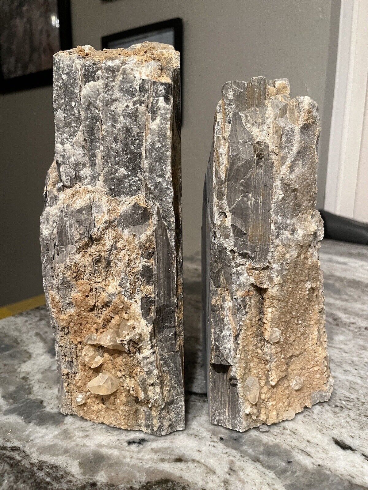 Crystalline Calcite Bookends on Banded Gray Limestone