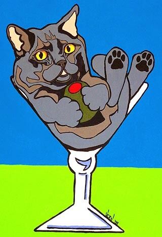 13x19 Gray Cat Martini Russian Blue Signed Art PRINTof Original Painting by VERN