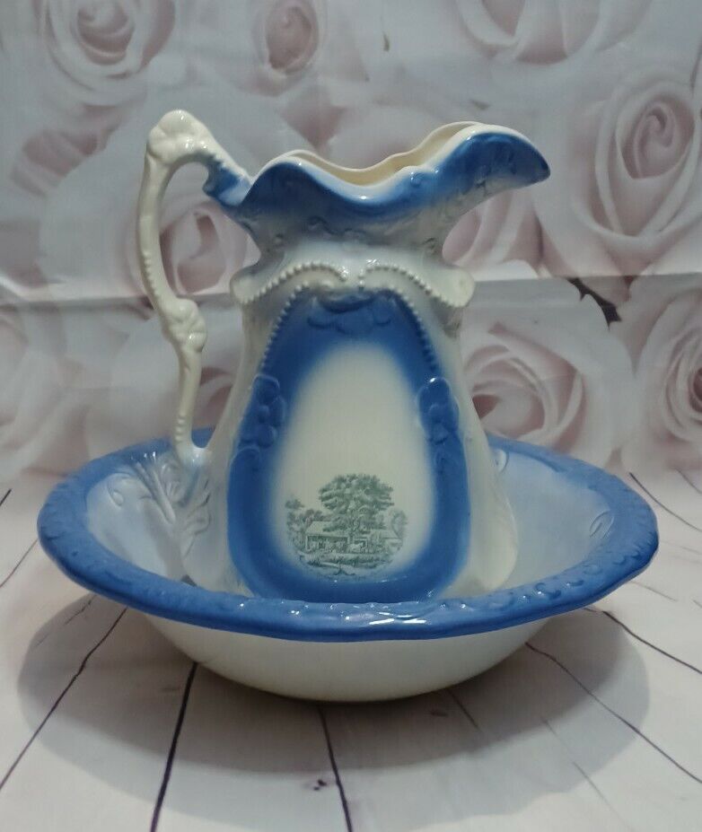 Vintage Currier and Ives WASH BASIN AND PITCHER Blue WITH HOMESTEAD DESIGN Large