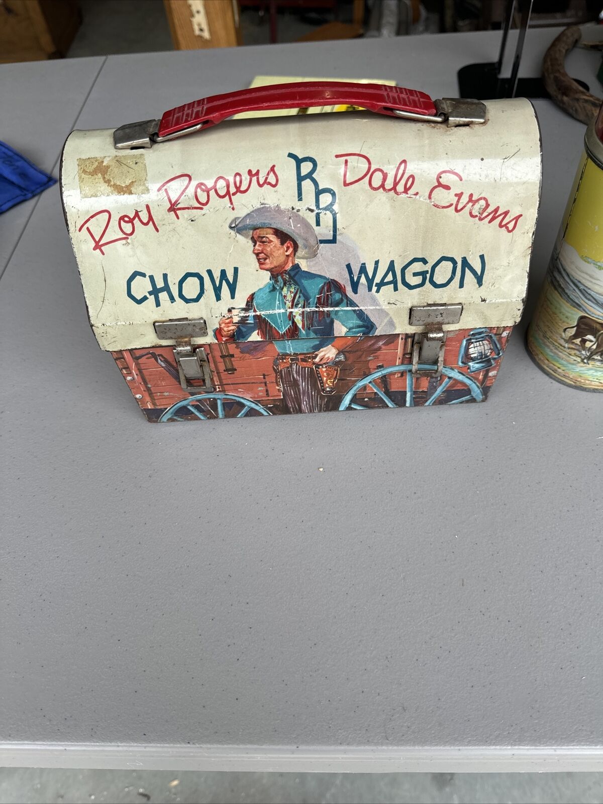 Vintage Roy Rogers Chow Wagon Dome Top Metal Lunchbox w/Thermos + Holder 1955