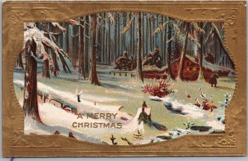 c1910s MERRY CHRISTMAS Postcard Winter Woods Scene / House / Night - UNUSED