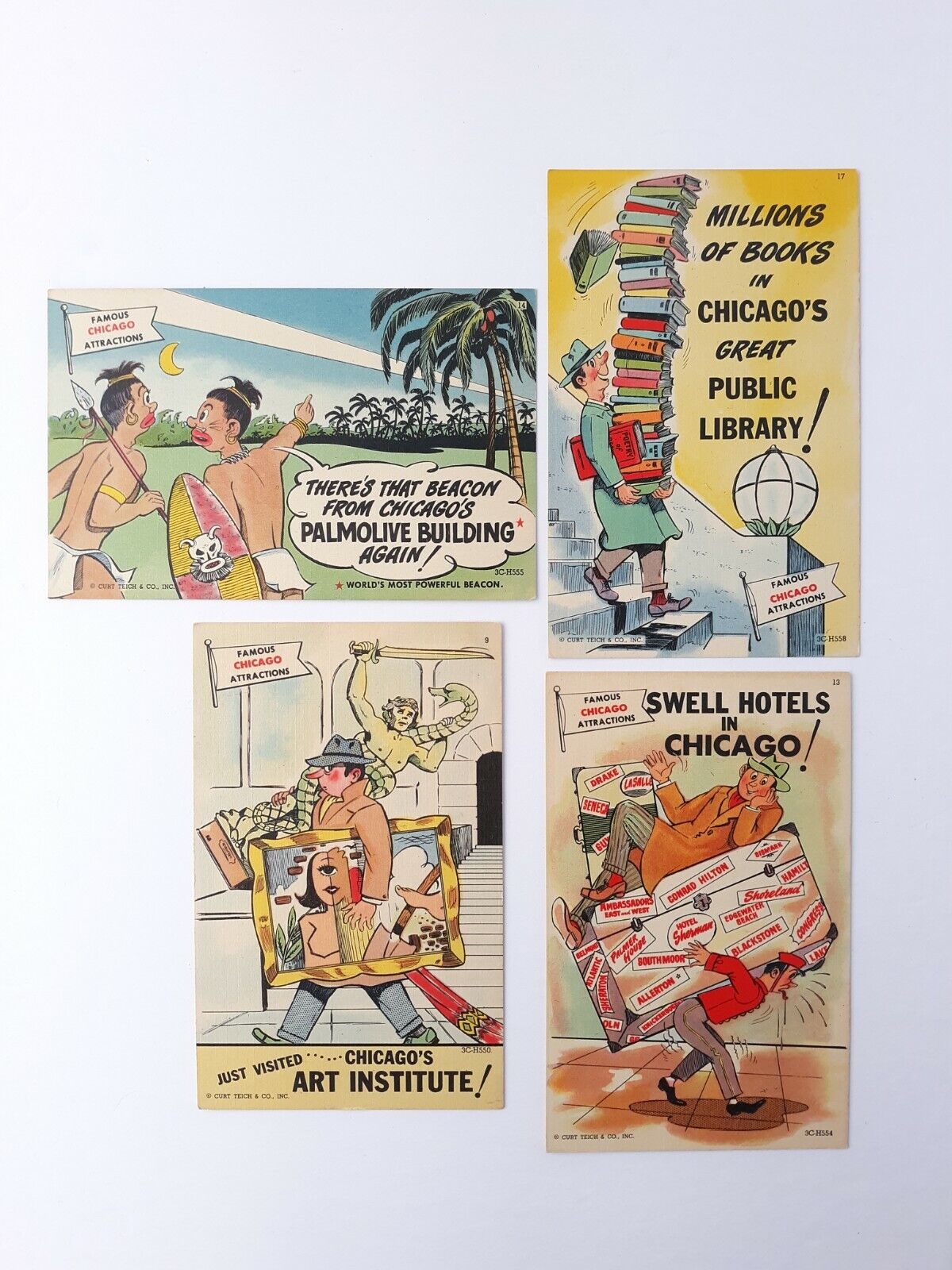 4 Vintage Famous Chicago Attractions Postcards Unposted Art Institute Palmolive 
