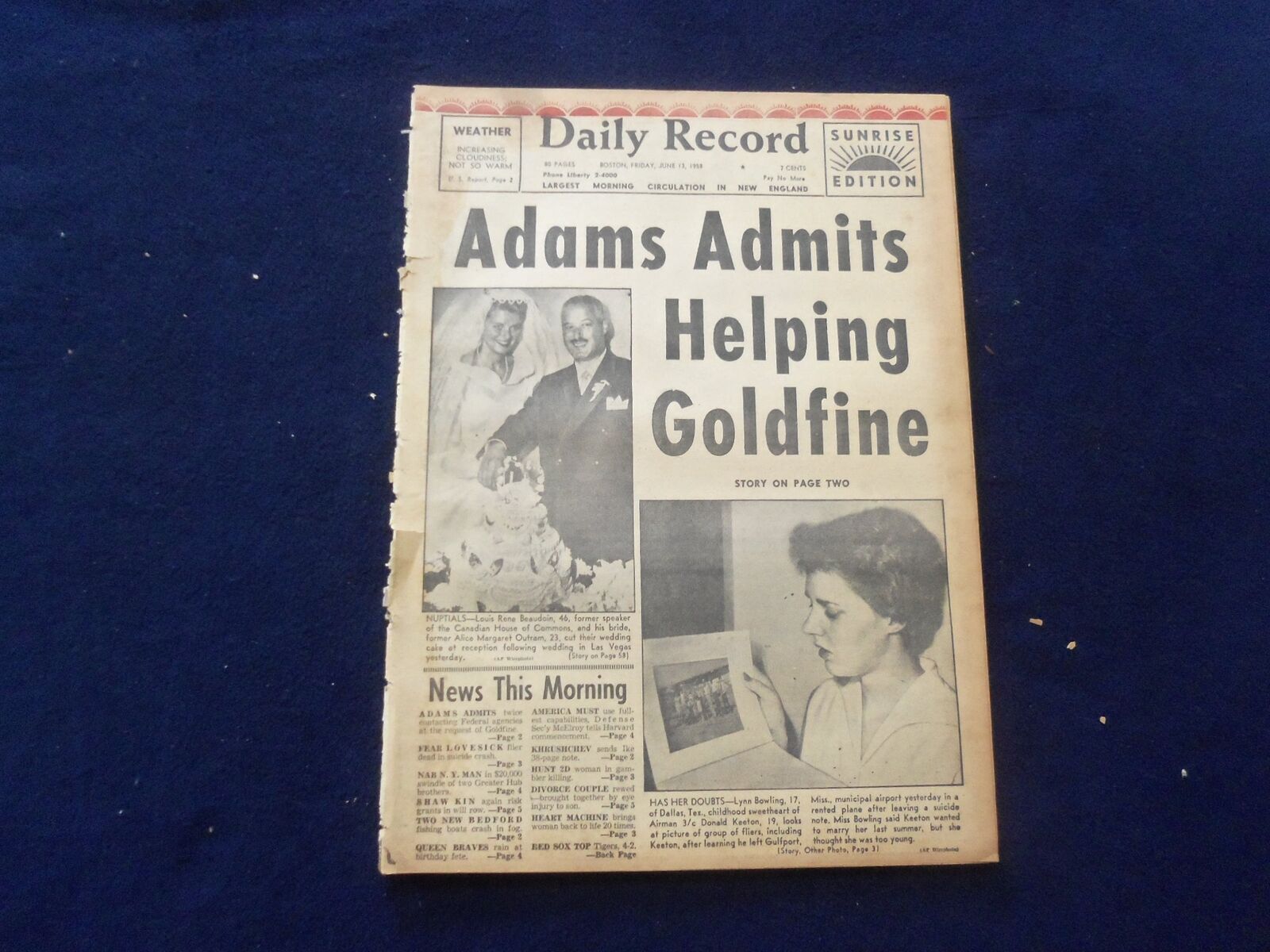 1958 JUNE 13 BOSTON RECORD AMERICAN NEWSPAPER-ADAMS ADMITS HELP GOLDFINE-NP 6272